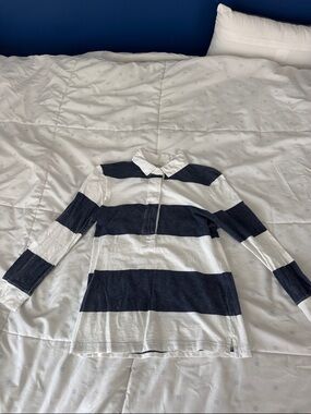 J. Crew Navy and White Striped Long-Sleeve Polo Top
